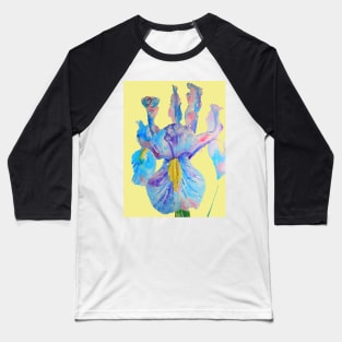 Iris Watercolor Painting - Blue with Raindrops - on Lemon Yellow Baseball T-Shirt